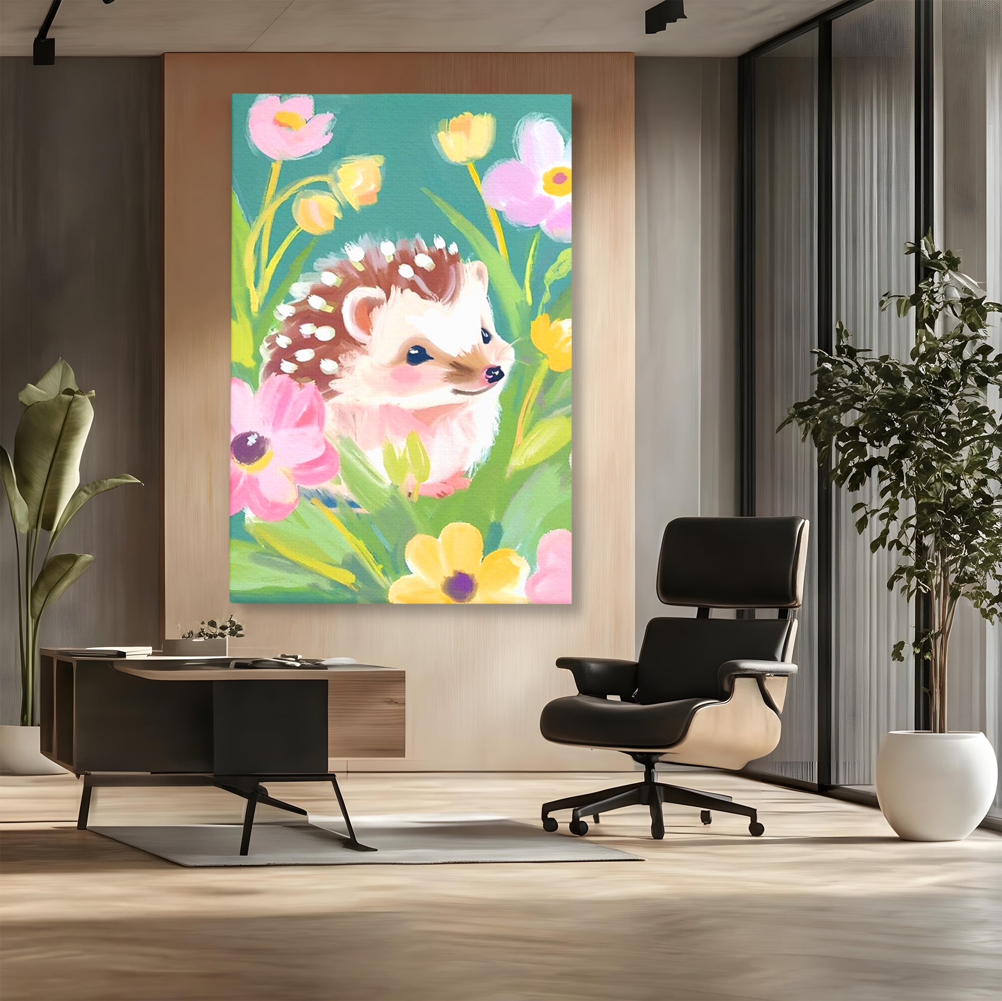 Tablou canvas cu tablou canvas cu arici si flori, fara rama, pe sasiu de lemn, pe perete intr-un birou